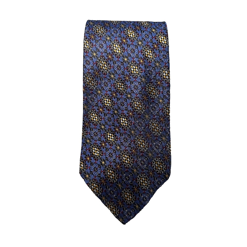 Vintage Neiman Marcus 100% Silk Neck Tie Geometric Medallion Neat Pattern Navy